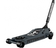 3-ton hydraulic floor jack on white background, shown at full lift height with handle extended